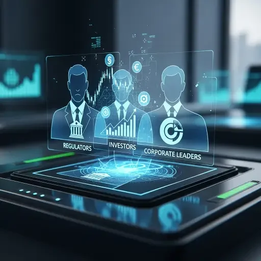 A close-up of a dashboard with regulators, investors, and corporate leaders as overlapping avatars, symbolizing the triad of policy, capital, and governance