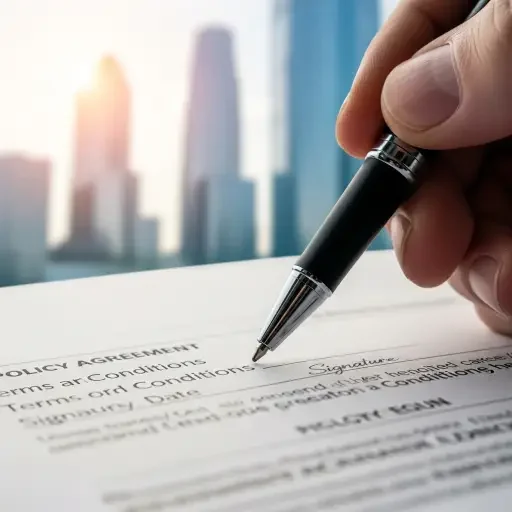A close-up of a pen signing a policy document, with a blurred skyline in the background