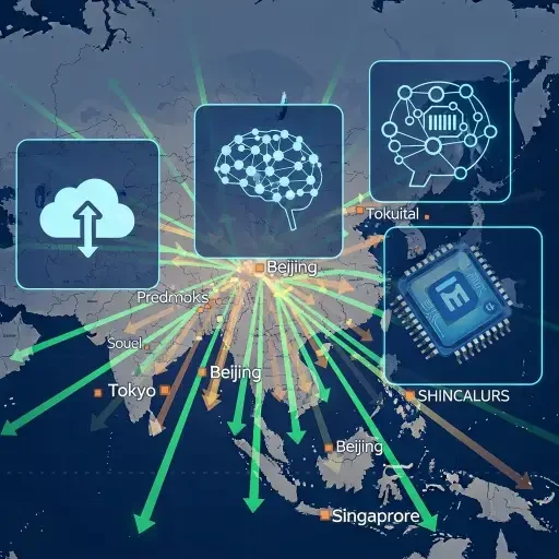 A collage of tech icons (cloud, AI, semiconductors) overlaying a map of Asia with arrows showing capital flow