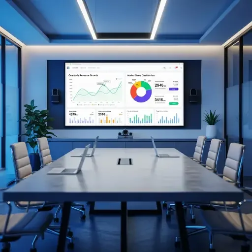 A conference room bathed in cool light, a dashboard displaying clear metrics on a central screen