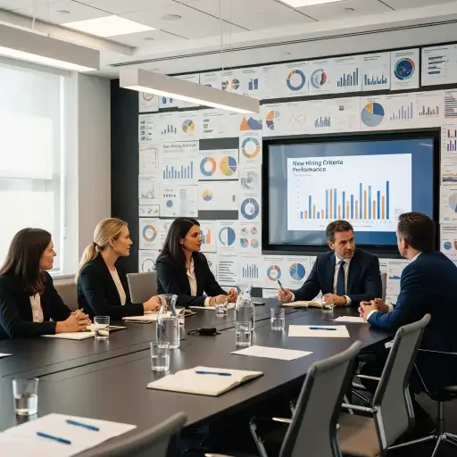 A conference room with a panel of HR leaders discussing new hiring criteria, framed by a wall of charts