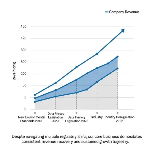 A crisp, bold chart showing revenue resilience during regulatory cycles, paired with a caption that acts as a micro-summary