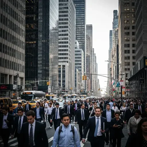 A crowded street scene in Manhattan with corporate glass towers and people moving, hinting at the labor market's scale