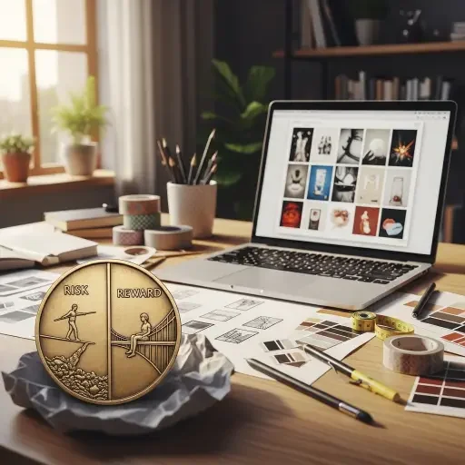 A designer's desk with a laptop, papers, and a coin illustrating risk assessment