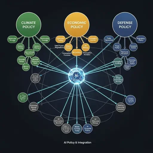 A diagram of interconnected policy domains (climate, economy, defense) with a central AI hub linking nodes