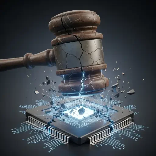 A digital illustration of a microchip cracking under the weight of a heavy, stone gavel