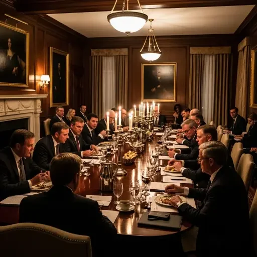 A discreet Manhattan dining room with a long table, candlelight, and suited attendees during a late-evening policy dinner