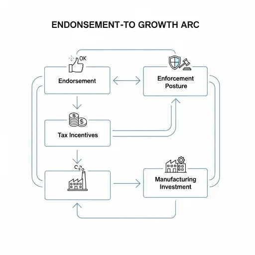 A distilled schematic summarizing the endorsement-to-growth arc: endorsement, enforcement posture, tax incentives, manufacturing investment