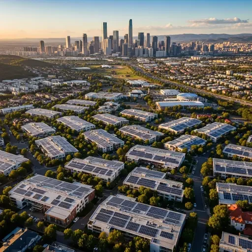 A drone shot over a valley of solar rooftop installations juxtaposed with a city skyline, hinting at distributed energy resources