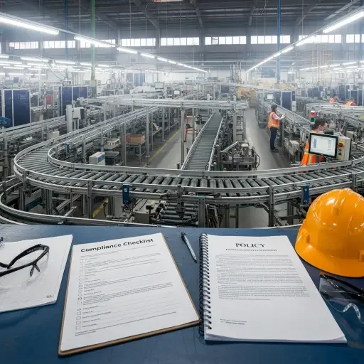 A factory floor with conveyor belts, juxtaposed with a compliance checklist and policy document
