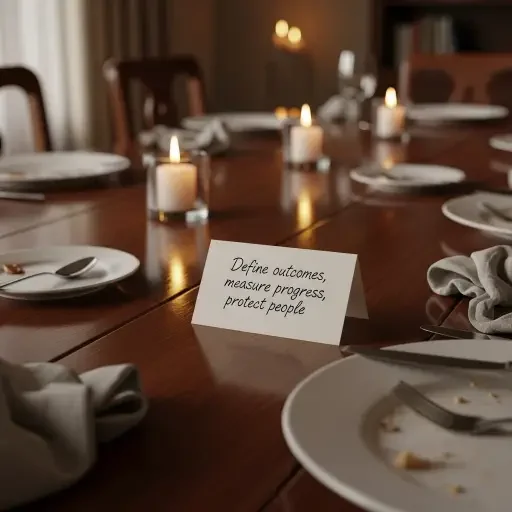 A final shot of the candlelit table, empty plates, and a single note card—“Define outcomes, measure progress, protect people