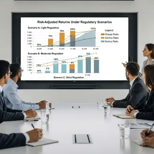 A fintech investor briefing showing risk-adjusted returns under regulatory scenarios