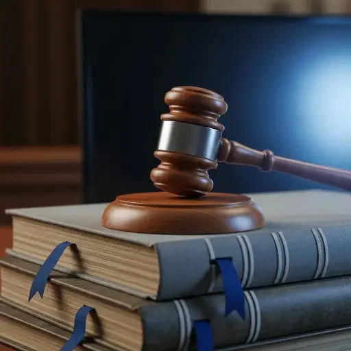 A judicial gavel resting atop a stack of legal briefs; a monitor glow hints at a courtroom moment