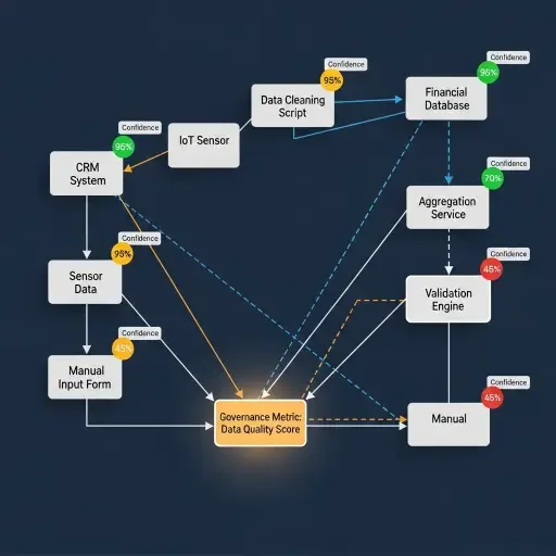 A lineage diagram mapping data sources to a final governance metric, with confidence badges