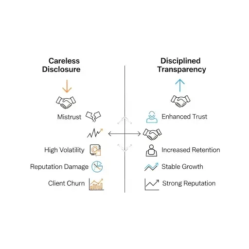 A minimalist chart contrasting careless disclosure versus disciplined transparency, with arrows pointing to outcomes like trust, retention, and volatility