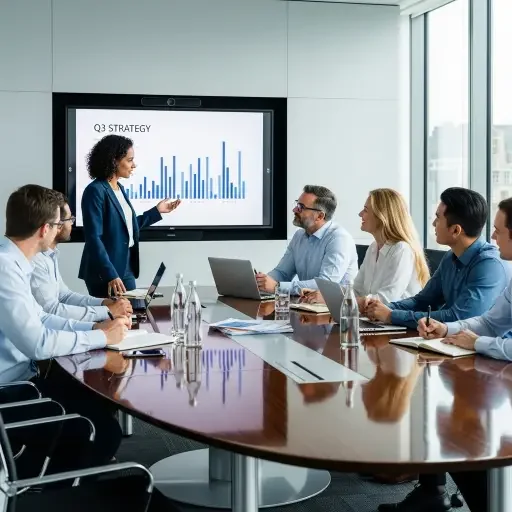 A modern corporate conference room with a diverse team in a strategy session