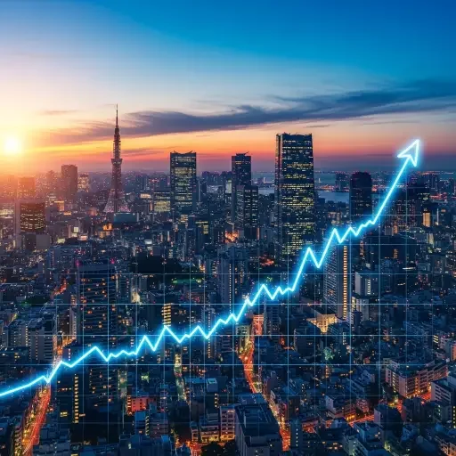 A panoramic Tokyo skyline at dusk with financial district towers and a superimposed upward-trending line graph