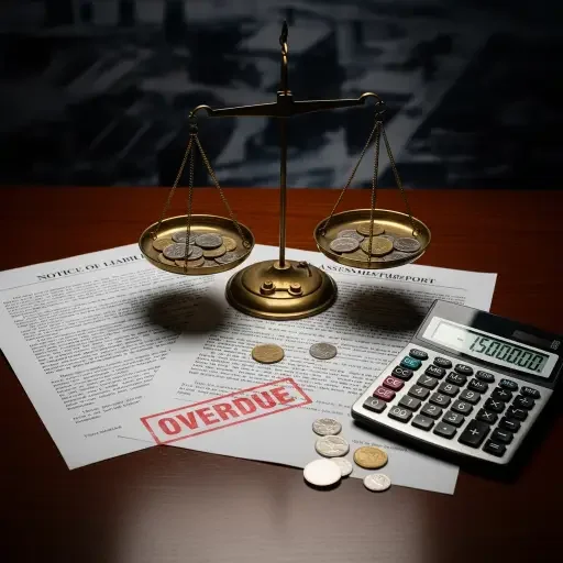 A set of legal documents and a calculator on a desk, symbolizing risk, liability, and financial consequences