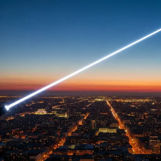 A skyline at dusk, the city lights bright, a single beam of light tracing a straight line across the frame—clarity as a navigational beacon