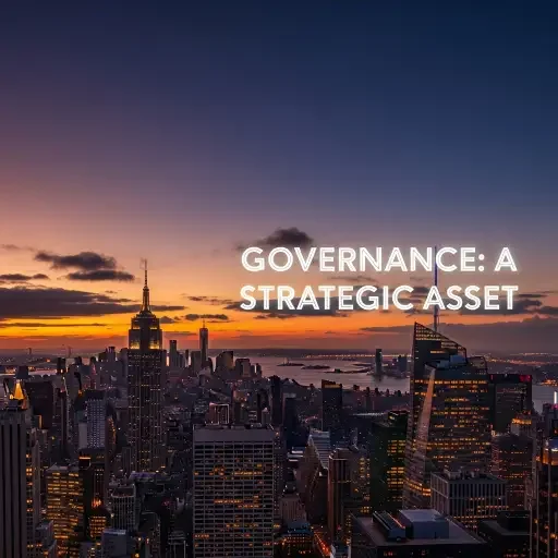 A skyline at dusk with a caption noting governance as a strategic asset