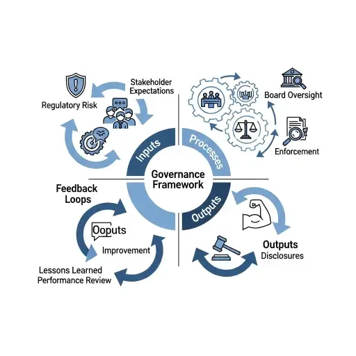 A stylized diagram of a governance framework: inputs (regulatory risk, stakeholder expectations), processes (board oversight, audit, ethics), outputs (disclosures, enforcement), and feedback loops