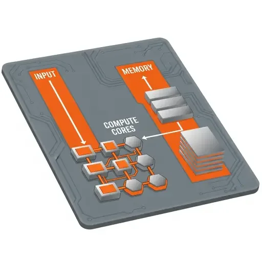 A stylized diagram of an AI chip's architecture, with labeled lanes for input, compute cores, and memory, rendered in a palette that blends corporate gray with electric orange