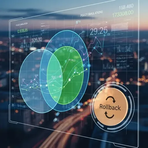 A transparent dashboard showing policy simulations with confidence intervals and a visible rollback button