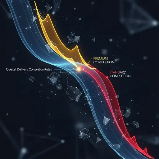 Abstract data visualization showing delivery completion rates declining over time, with diverging paths for premium vs
