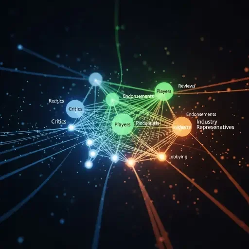 Abstract data visualization showing interconnected nodes representing voter categories, with bright pathways illustrating the flow of influence between critics, players, and industry representatives