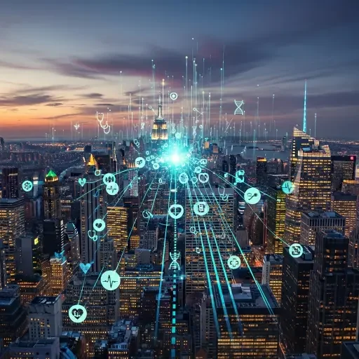 Aerial view of New York City's skyline overlaid with streaming data motifs, signaling the governance of health information