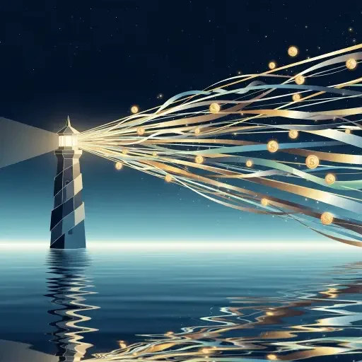 An abstract image of a lighthouse casting a beam across a calm sea, symbolizing guidance for capital flows