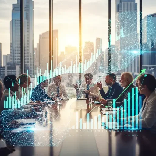 An executive roundtable with diverse faces overlayed by graphs and lattices, illustrating governance as a competitive differentiator