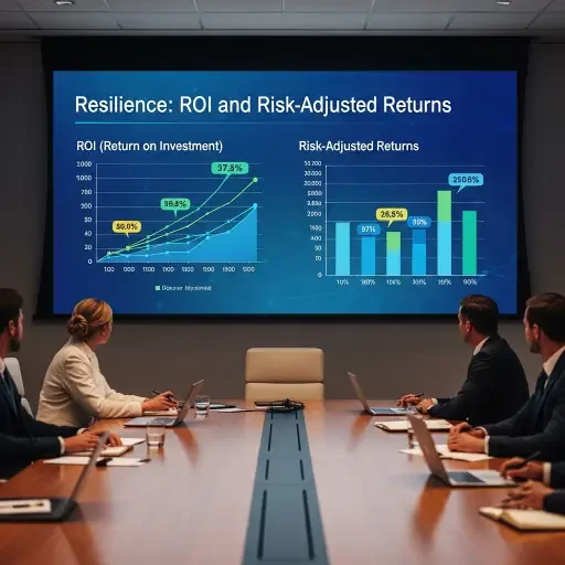 An investor conference room with a projection screen showing resilience ROI and risk-adjusted returns