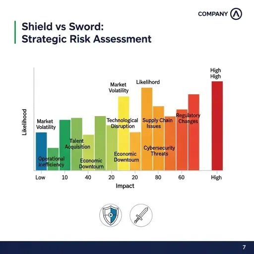 An investor presentation slide showing a risk heatmap with 
