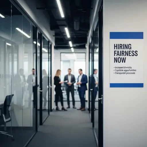 An office hallway with a placard reading