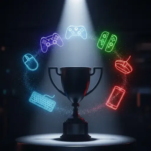 Award trophy silhouette on a pedestal with dramatic spotlight, surrounded by floating game controller icons and particle effects representing different gaming platforms