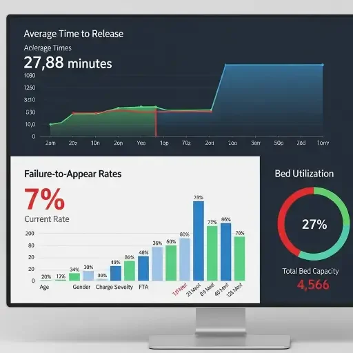 A data dashboard showing bail-release metrics: average time to release, failure-to-appear rates, and bed utilization