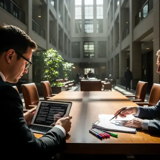A negotiation table in a sunlit courthouse atrium; a prosecutor’s tablet glows, while defense counsel markers await line-item adjustments