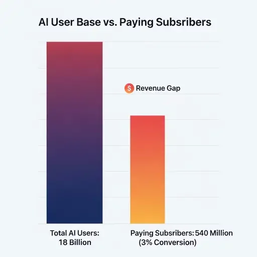 Chart showing AI user base of 18 billion versus paying subscribers representing only 3% conversion rate, with revenue gap highlighted