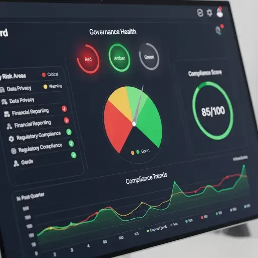 Close-up of a compliance dashboard with red, amber, and green indicators signaling governance health