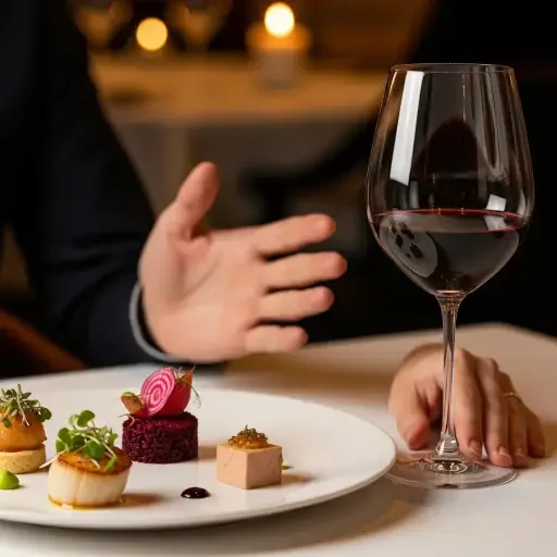 Close-up of a plate with a delicate tasting menu, a glass of red wine catching candlelight, and hands gesturing mid-conversation