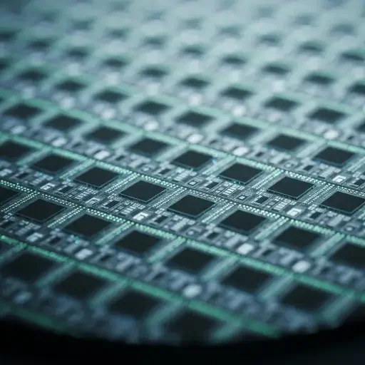 Close-up of a silicon wafer under subclassification, sparkling with tiny microchips, with a faint glow of circuitry patterns