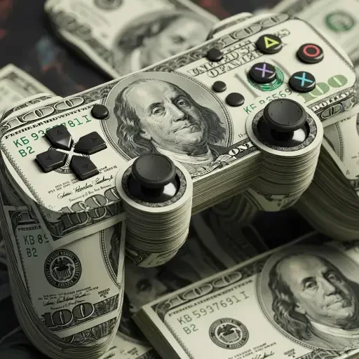 Close-up of stacked hundred-dollar bills arranged in the shape of a game controller, symbolizing the financial stakes of the gaming industry