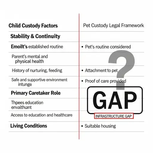 Comparison table showing child custody factors (stability, emotional bonds, primary caretaker, living conditions) alongside the much sparser legal framework available for pet custody decisions, highlighting the infrastructure gap