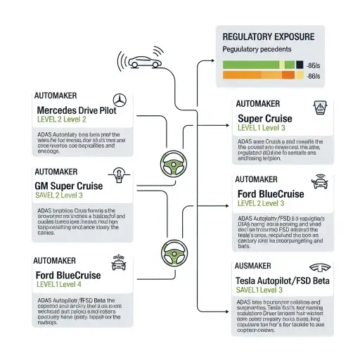 Competitive landscape showing other automaker ADAS naming conventions (Mercedes Drive Pilot, GM Super Cruise, Ford BlueCruise) with actual SAE automation levels and potential regulatory exposure based on Tesla precedent