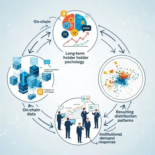 Conceptual illustration showing reflexive loop between on-chain data, long-term holder psychology, institutional demand response, and resulting distribution patterns, with feedback arrows