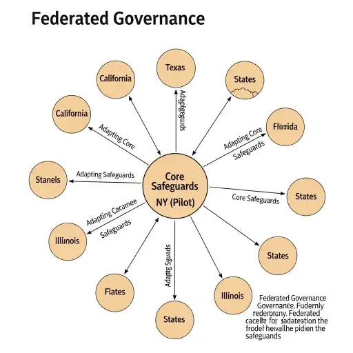 Diagram of a federated governance model with NY as a pilot, other states adapting the core safeguards