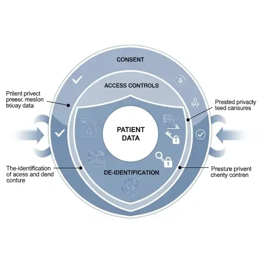 Diagram of a tiered privacy framework, illustrating consent, access controls, and de-identification layers as nested shields around patient data