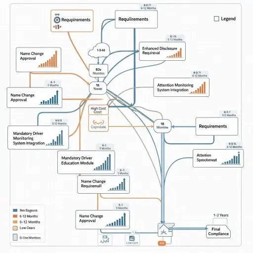Diagram showing potential compliance pathways including name changes, disclosure requirements, driver education gates, and attention monitoring systems with estimated implementation timelines