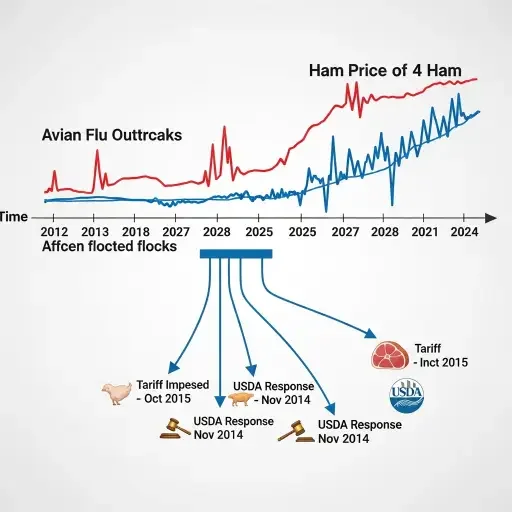 Diagram showing the avian flu outbreak timeline overlaid with ham price trajectory, with branching arrows indicating policy interventions (tariffs, USDA responses) and their timing relative to price spikes